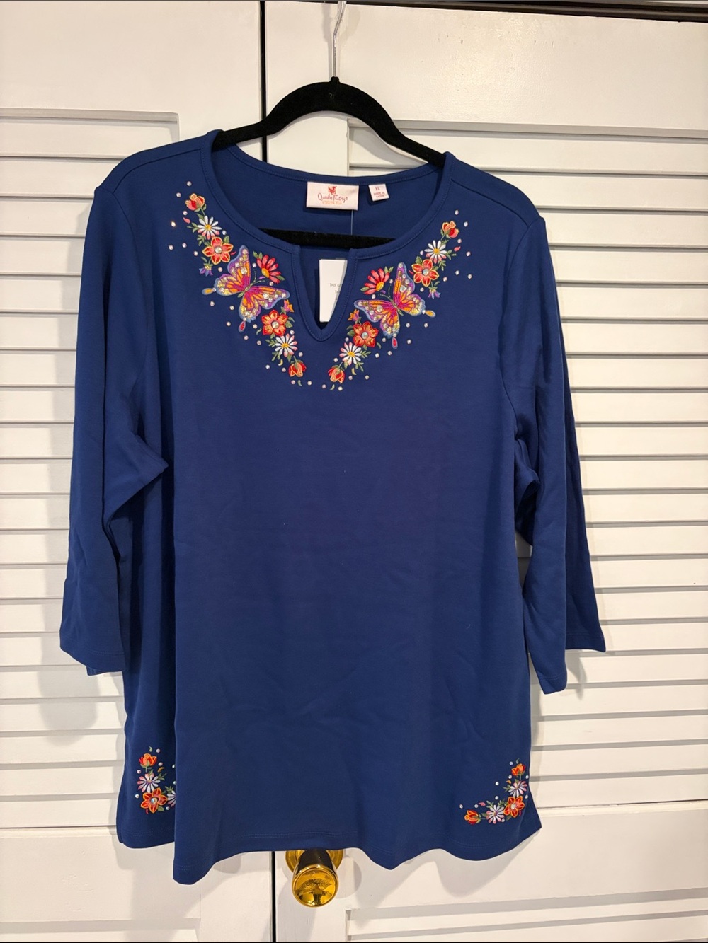 NWT Quacker Factory Blue Butterfly Embroidered Tunic Top Size XL